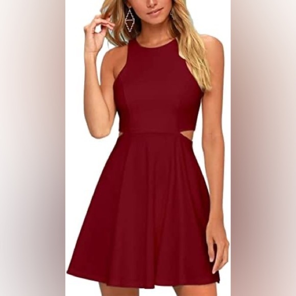 Dresses & Skirts - Burgundy Sleeveless Cut Out Waist Skater Mini Dress Round Neck A-Line XS NWT